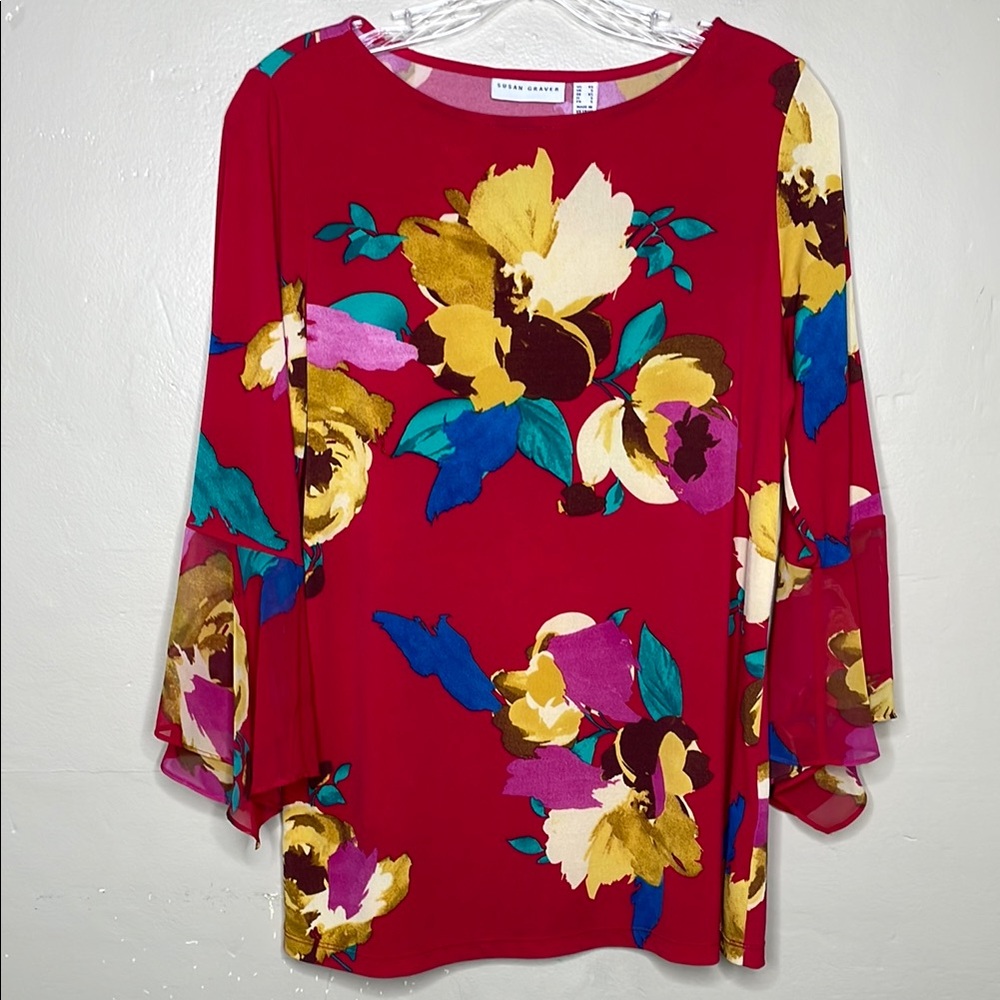 SUSAN GRAVER Printed Liquid Knit Top With Chiffon Bell Sleeves Red Floral XS